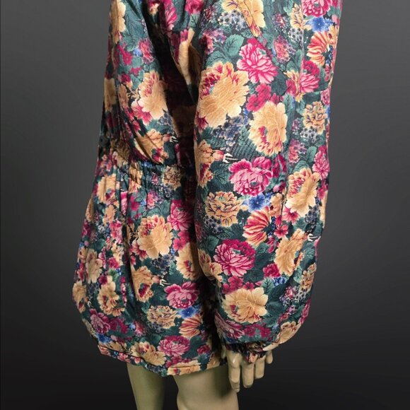 Vintage 80s Floral Puffer Ski Jacket Coat Black Faux Fur Trim Oversized size L - Picture 11 of 16